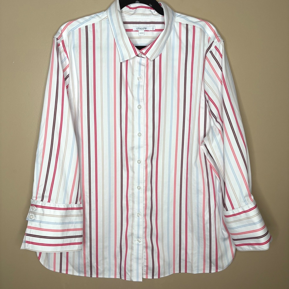 Chicos Womens Size 4 US 20 Striped Button Down 3/4 Sleeve Shirt Multi-Color